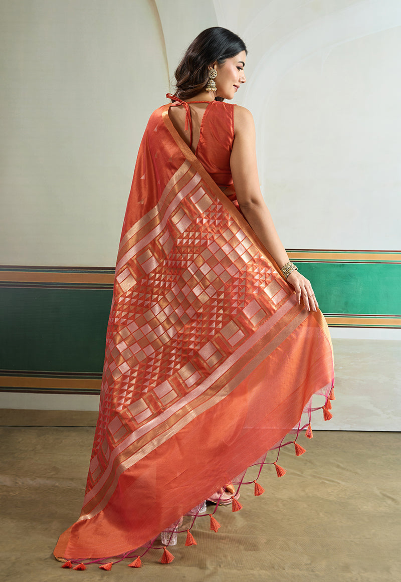 Monjolika Fashion Dark Peach Handloom Weaving Silk Festival Wear Saree