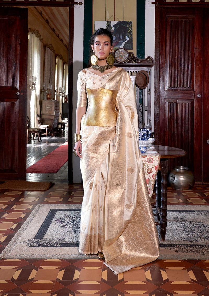 Monjolika Fashion Cream Color Two Tone Handloom Weaving Silk Traditional Saree