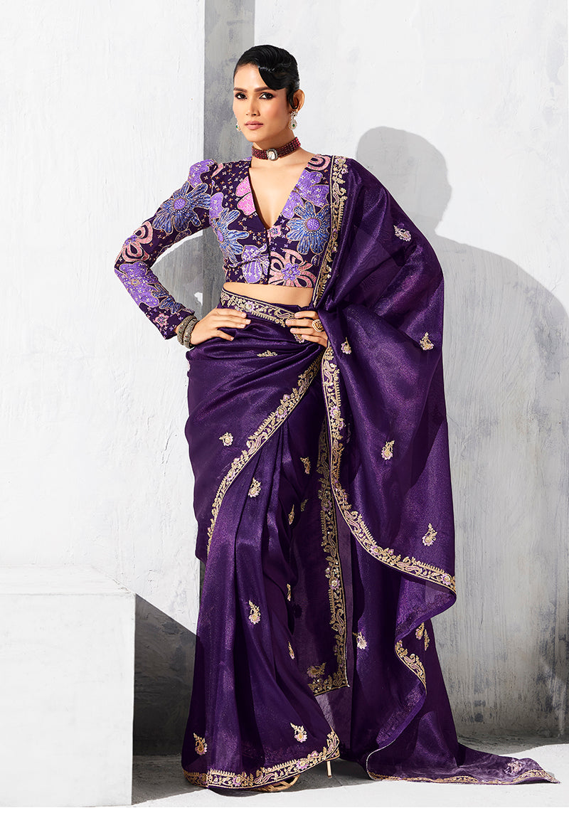 Monjolika Fashion Purple Fancy Fabric Embroidered Contemporary Saree