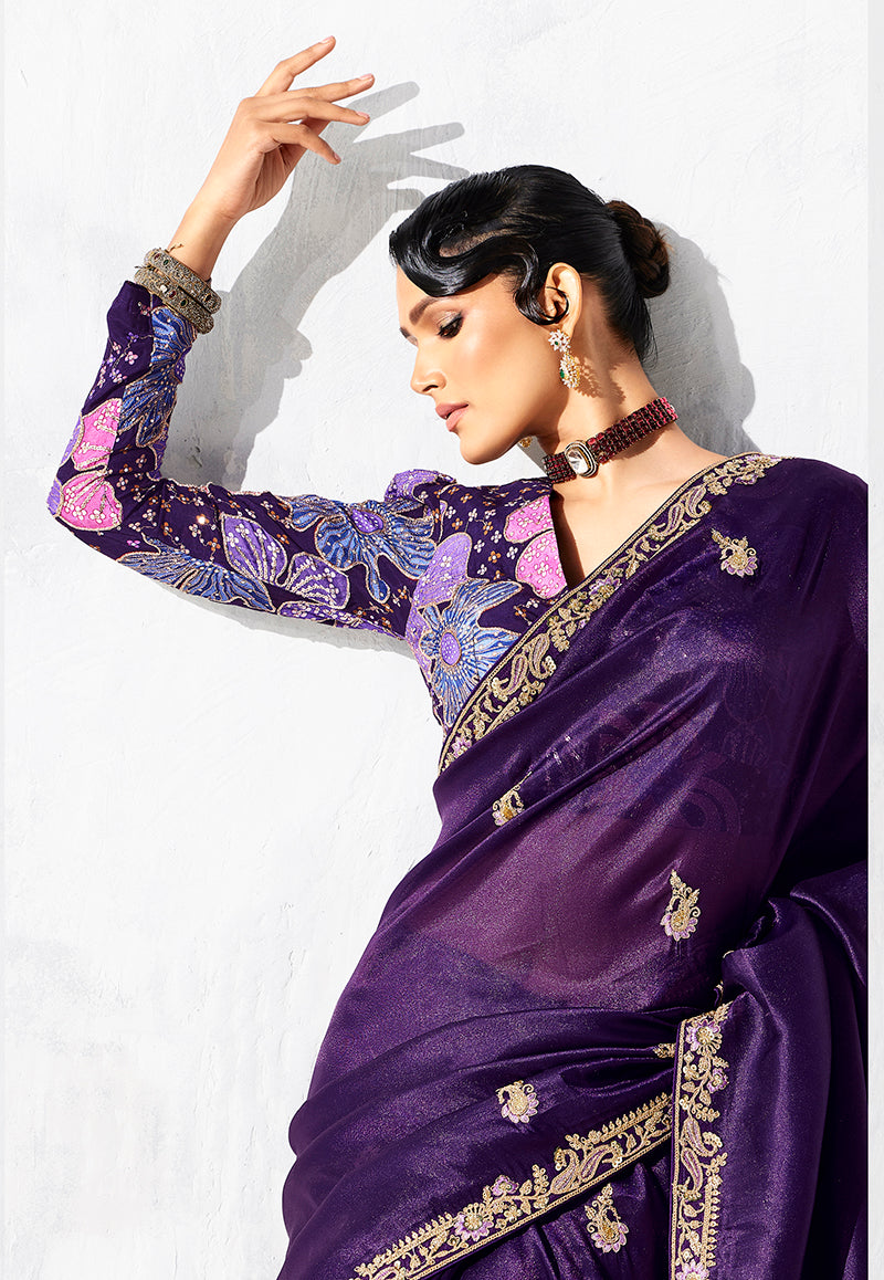 Monjolika Fashion Purple Fancy Fabric Embroidered Contemporary Saree