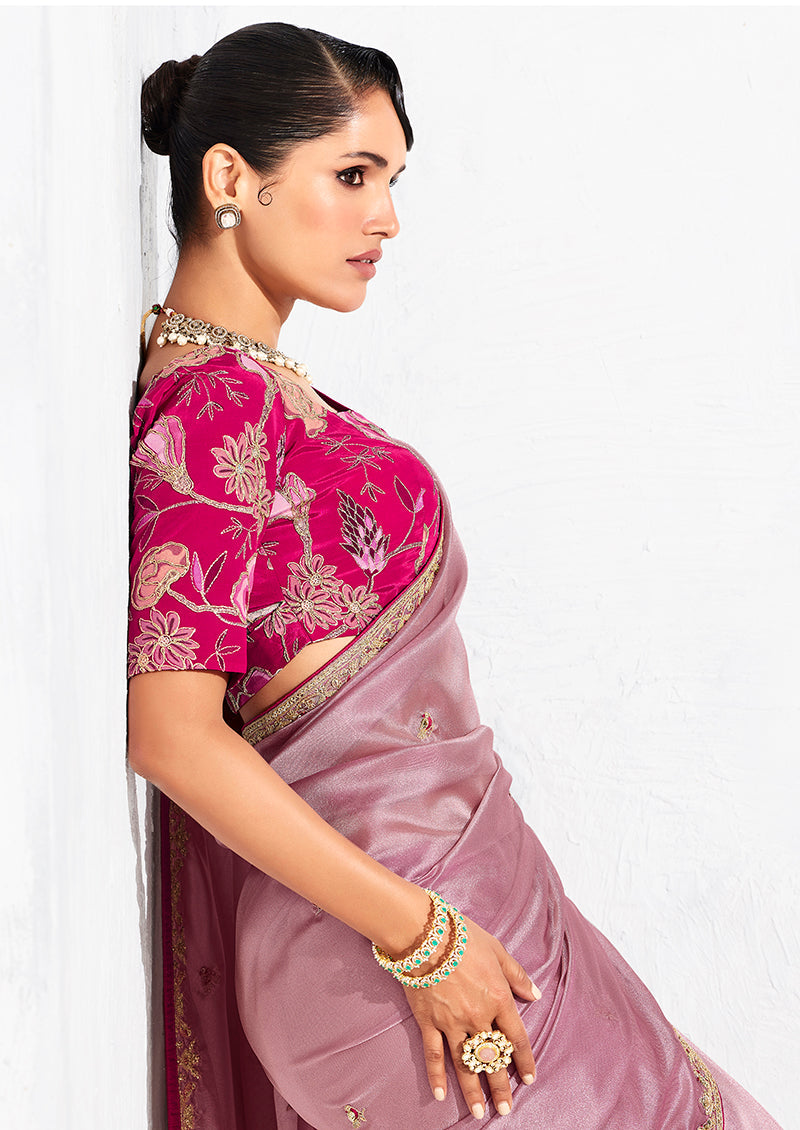 Monjolika Fashion Pink Fancy Fabric Embroidered Contemporary Saree