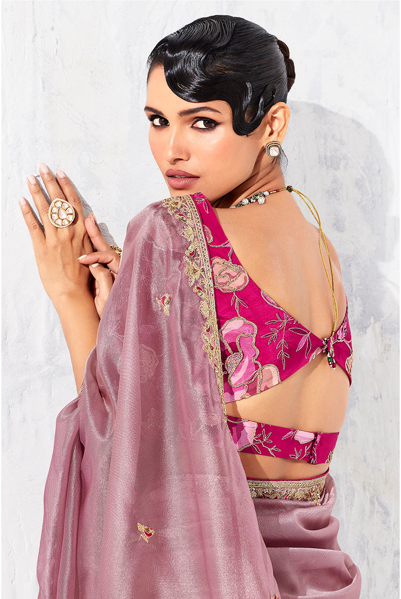 Monjolika Fashion Pink Fancy Fabric Embroidered Contemporary Saree