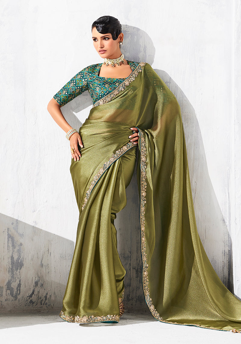 Monjolika Fashion Olive Green Fancy Fabric Embroidered Contemporary Saree