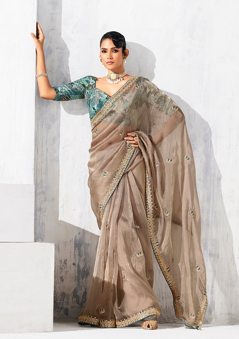Monjolika Fashion Beige Fancy Fabric Embroidered Contemporary Saree