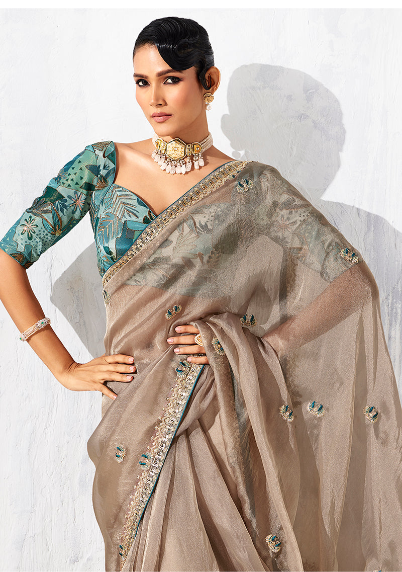 Monjolika Fashion Beige Fancy Fabric Embroidered Contemporary Saree