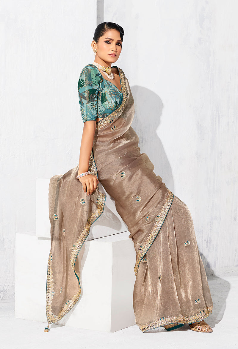Monjolika Fashion Beige Fancy Fabric Embroidered Contemporary Saree