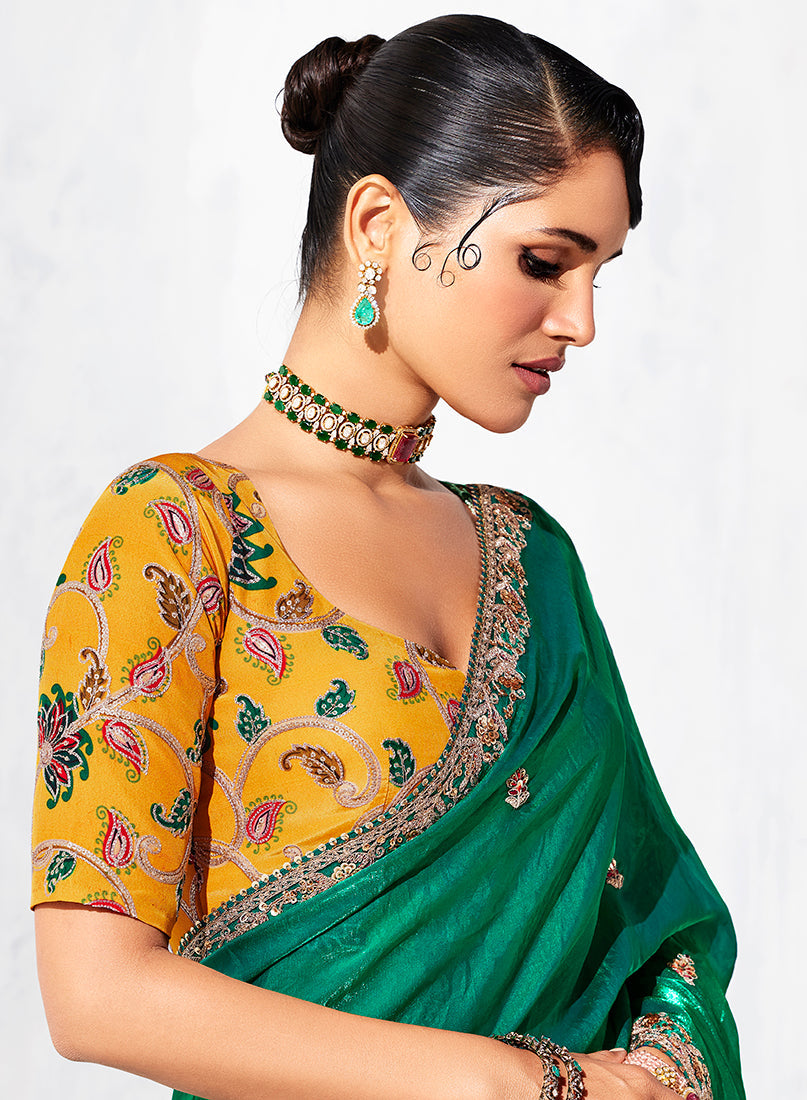 Monjolika Fashion Teal Fancy Fabric Embroidered Contemporary Saree