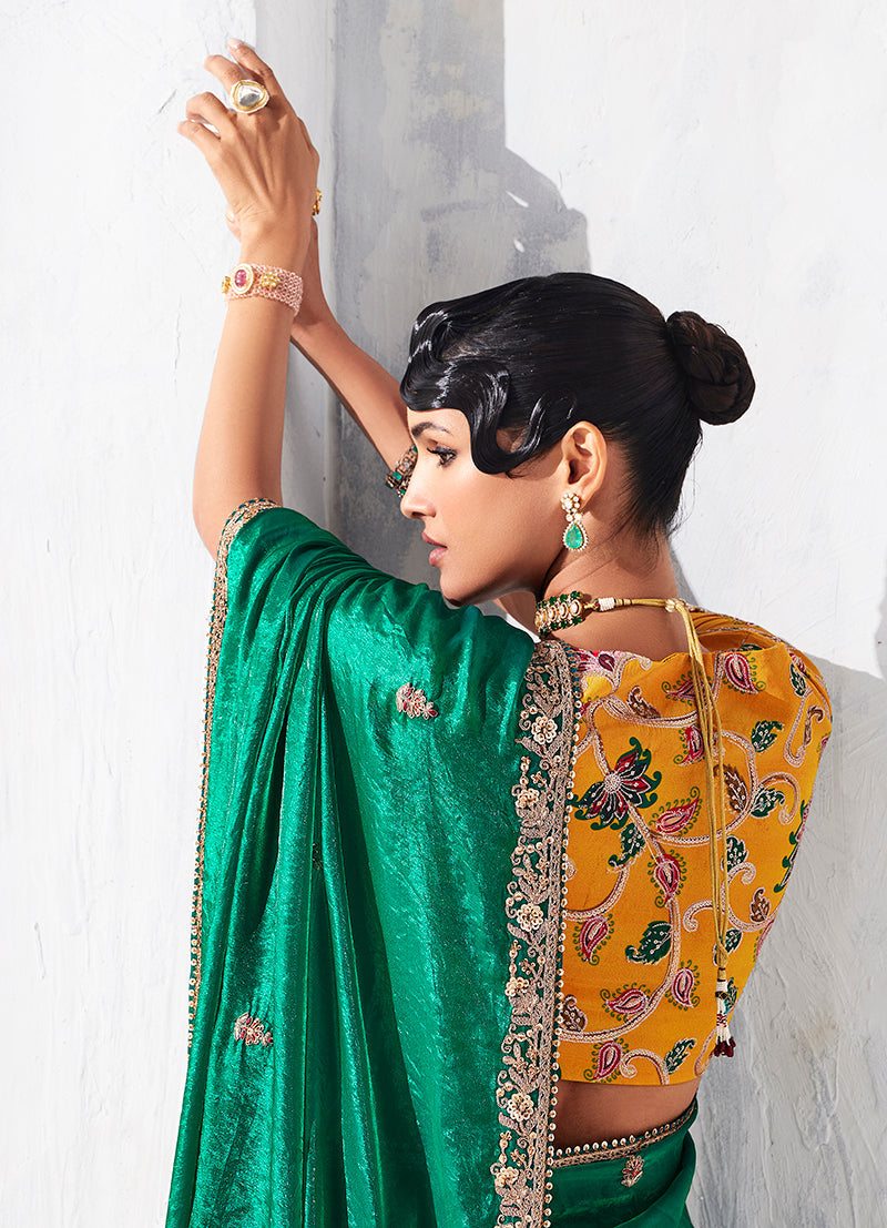 Monjolika Fashion Teal Fancy Fabric Embroidered Contemporary Saree