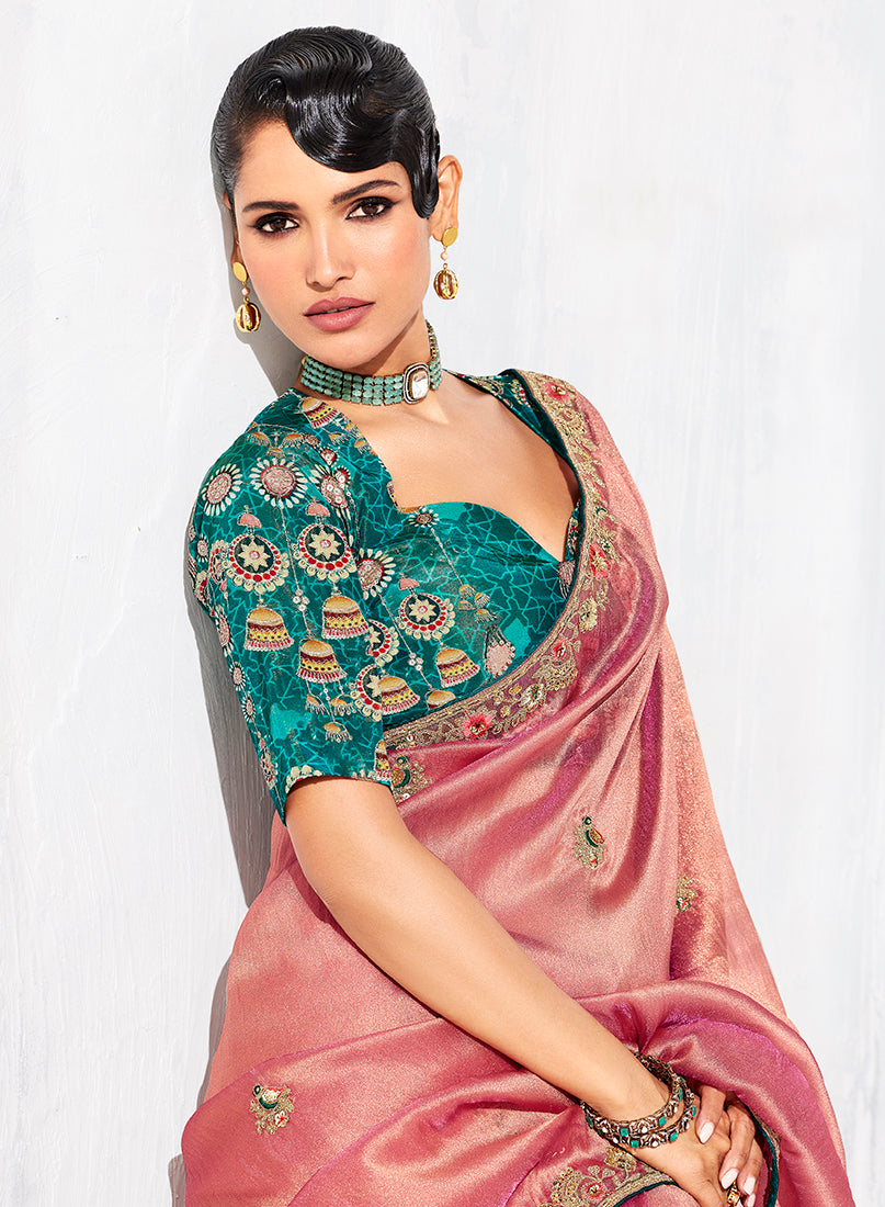 Monjolika Fashion Pink Fancy Fabric Embroidered Contemporary Saree