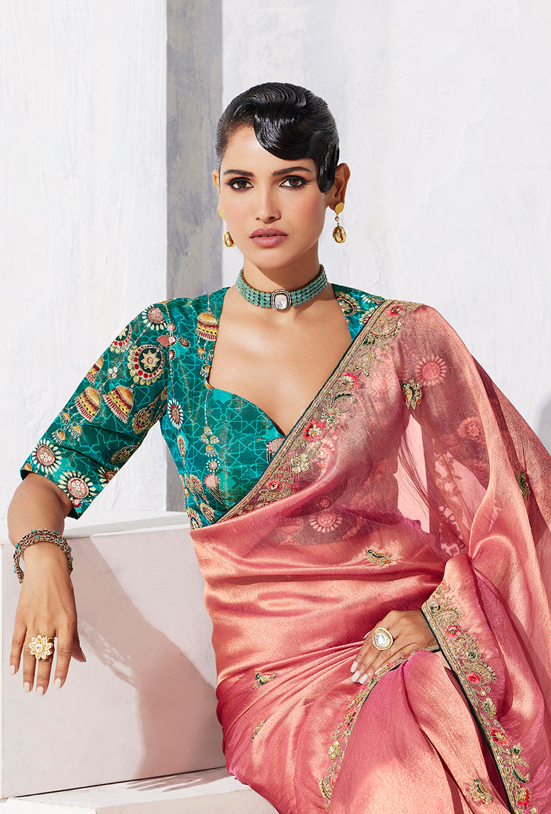 Monjolika Fashion Pink Fancy Fabric Embroidered Contemporary Saree