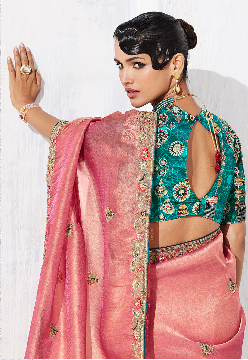 Monjolika Fashion Pink Fancy Fabric Embroidered Contemporary Saree
