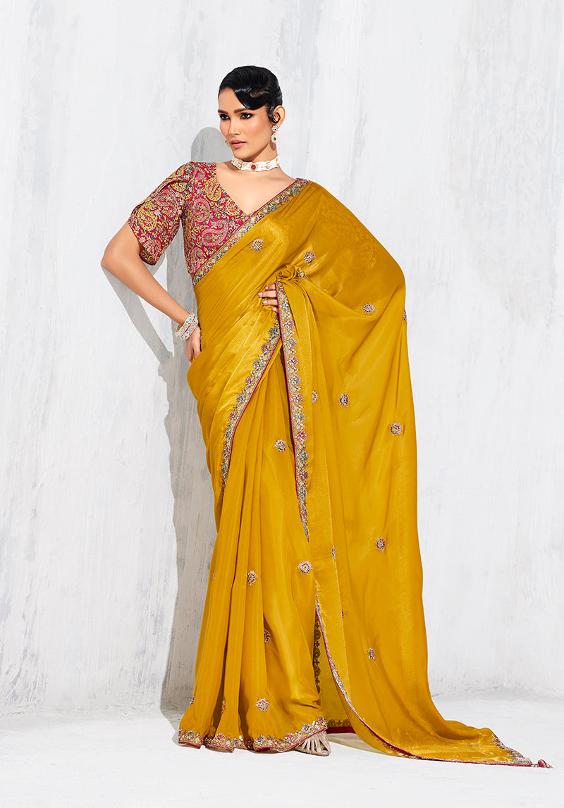 Monjolika Fashion Mustard Fancy Fabric Embroidered Contemporary Saree
