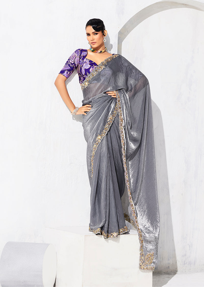 Monjolika Fashion Grey Fancy Fabric Embroidered Contemporary Saree