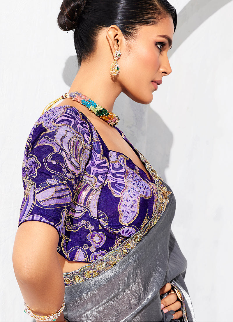 Monjolika Fashion Grey Fancy Fabric Embroidered Contemporary Saree