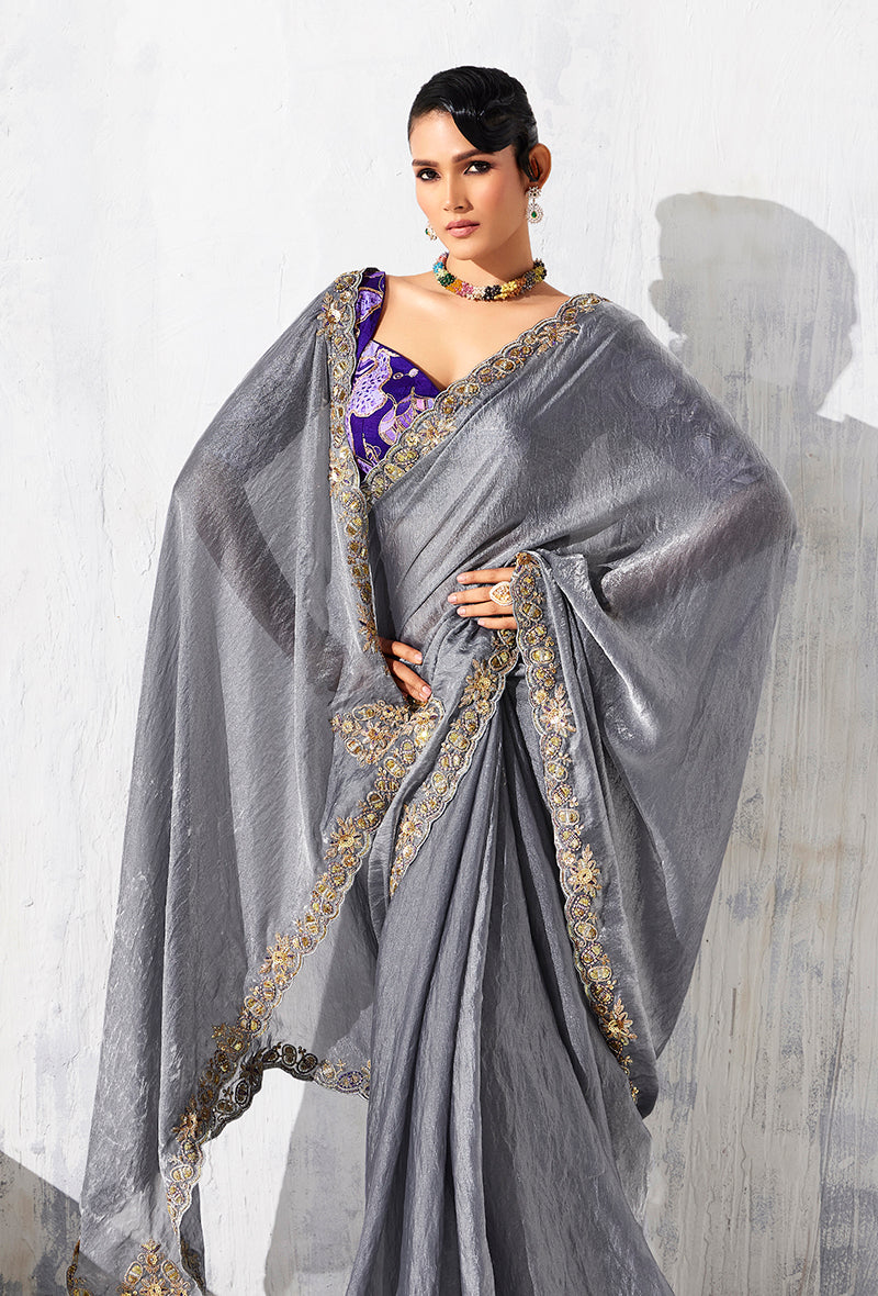 Monjolika Fashion Grey Fancy Fabric Embroidered Contemporary Saree