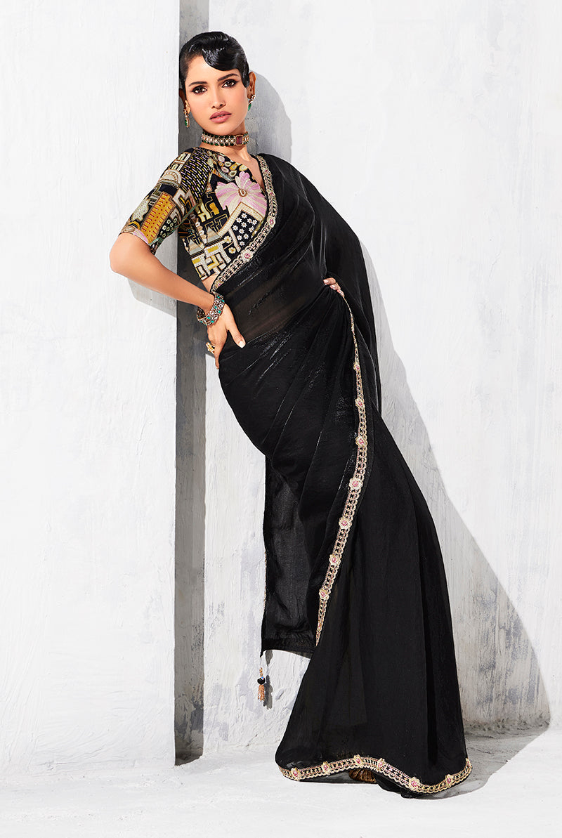 Monjolika Fashion Black Fancy Fabric Embroidered Contemporary Saree