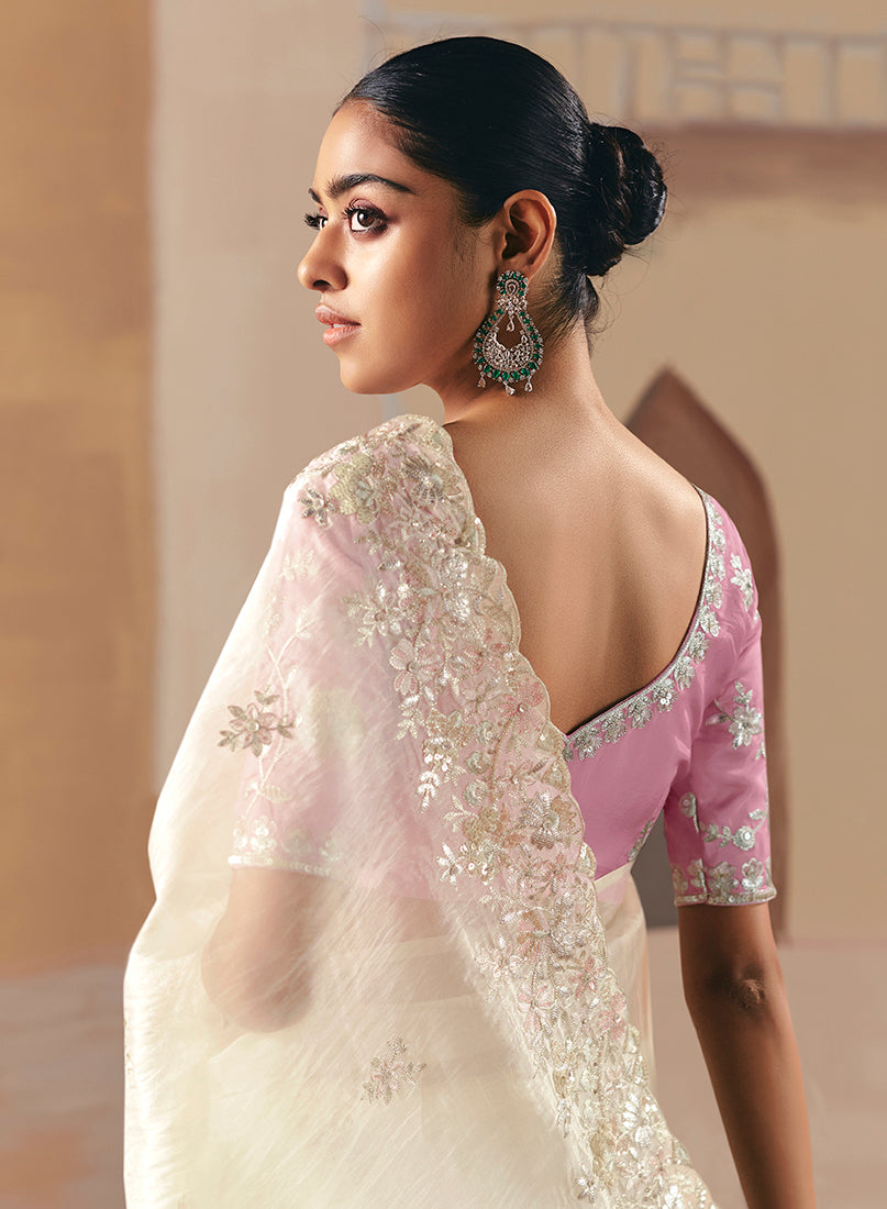 Monjolika Fashion Embroidered Off White Fancy Fabric Party Designer Saree
