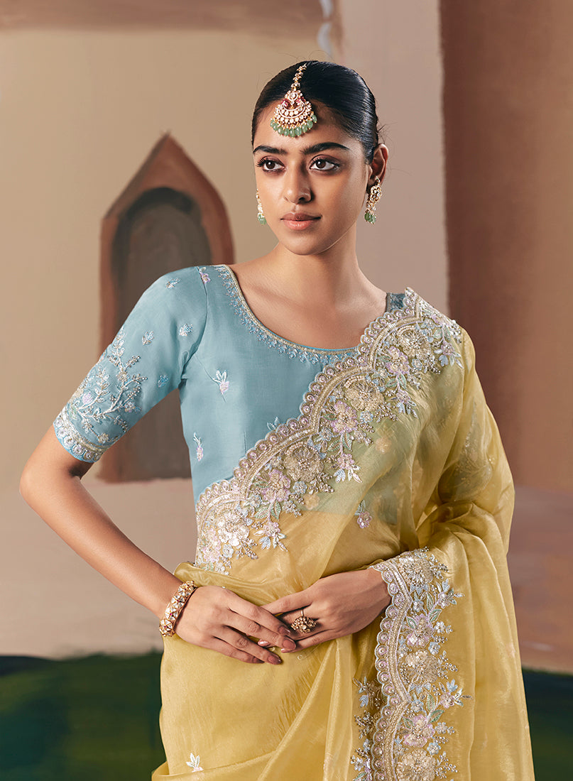 Monjolika Fashion Embroidered Pastel Yellow Fancy Fabric Party Designer Saree