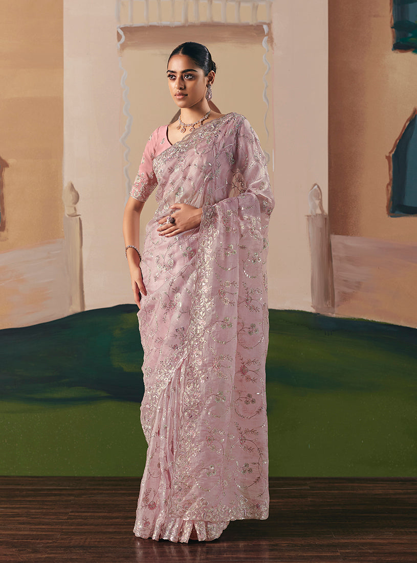 Monjolika Fashion Embroidered Light Pink Fancy Fabric Party Designer Saree