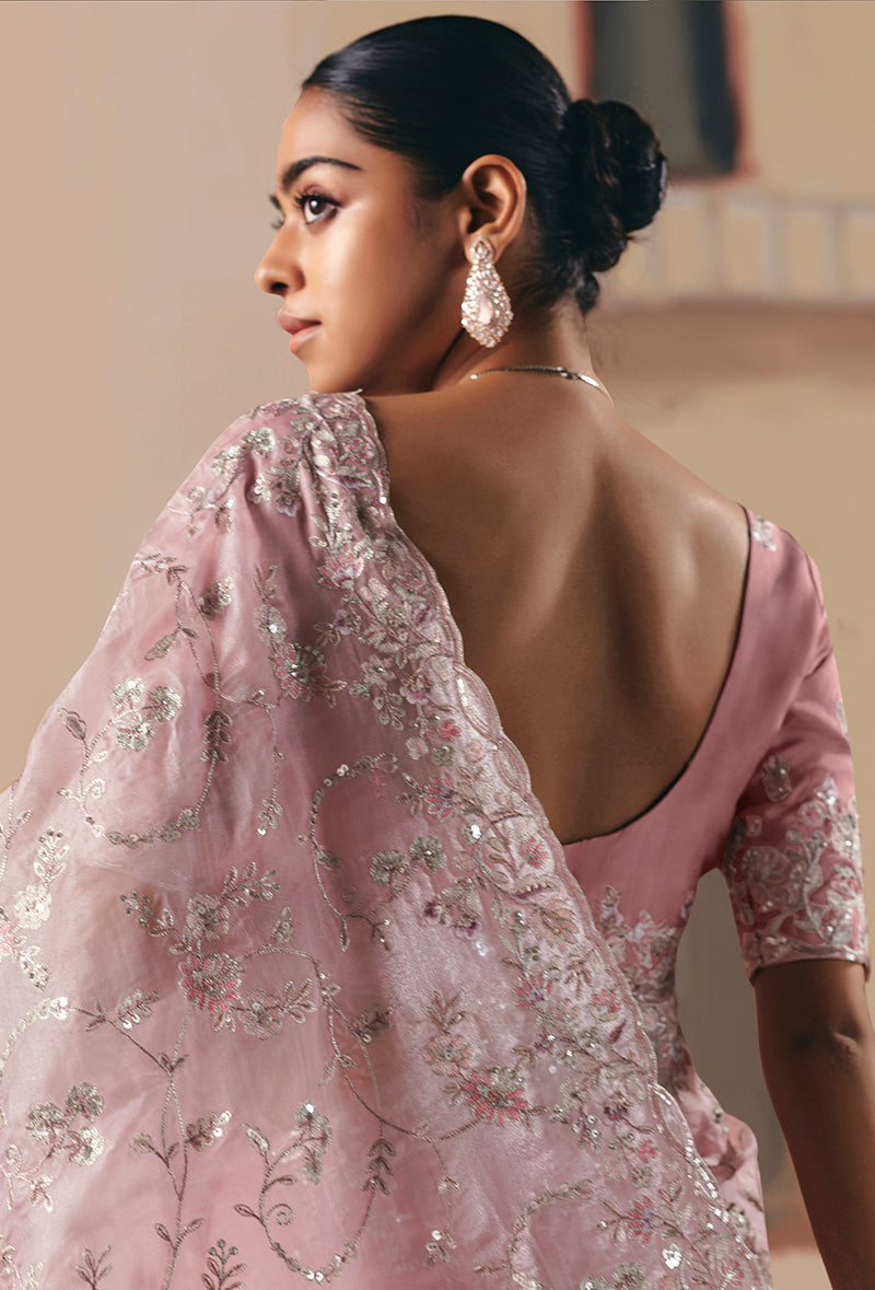 Monjolika Fashion Embroidered Light Pink Fancy Fabric Party Designer Saree