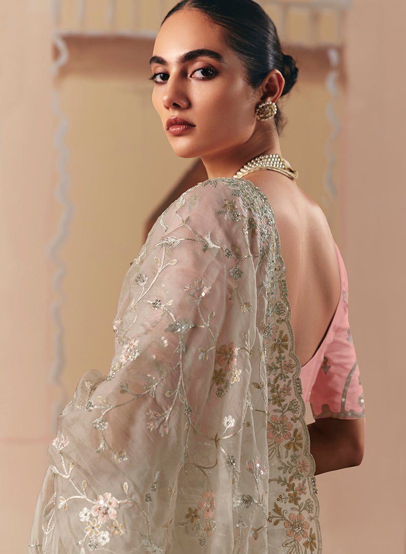 Monjolika Fashion Embroidered Cream Fancy Fabric Party Designer Saree