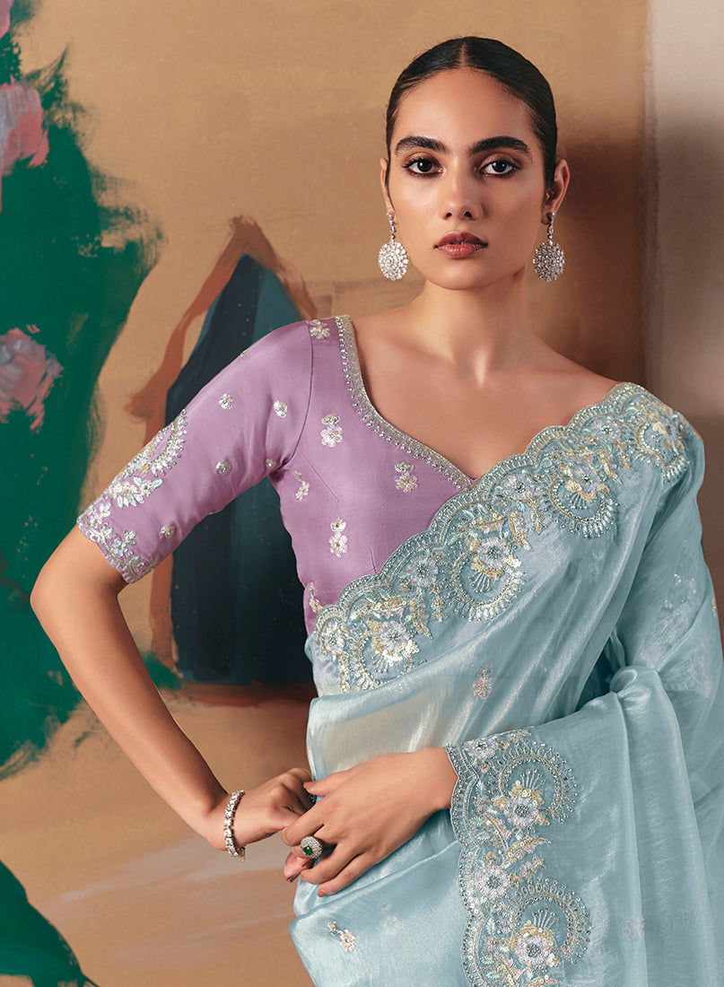 Monjolika Fashion Embroidered Sky Blue Fancy Fabric Party Designer Saree
