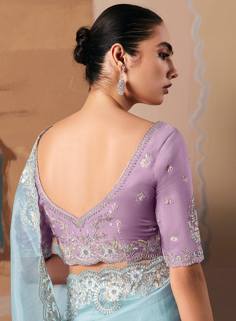 Monjolika Fashion Embroidered Sky Blue Fancy Fabric Party Designer Saree