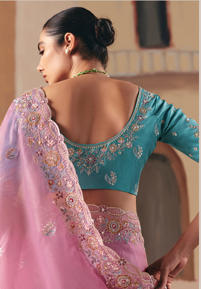 Monjolika Fashion Embroidered Pink Fancy Fabric Party Designer Saree