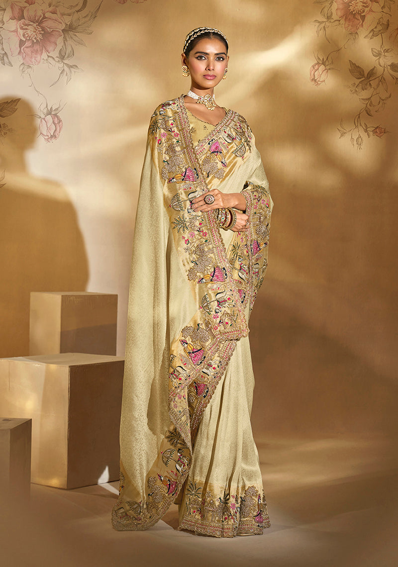 Monjolika Fashion Surpassing Cream Embroidery Cut Dana Moti Work Ziraf Silk Saree With Heavy Work Blouse Piece
