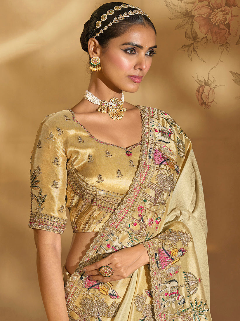 Monjolika Fashion Surpassing Cream Embroidery Cut Dana Moti Work Ziraf Silk Saree With Heavy Work Blouse Piece