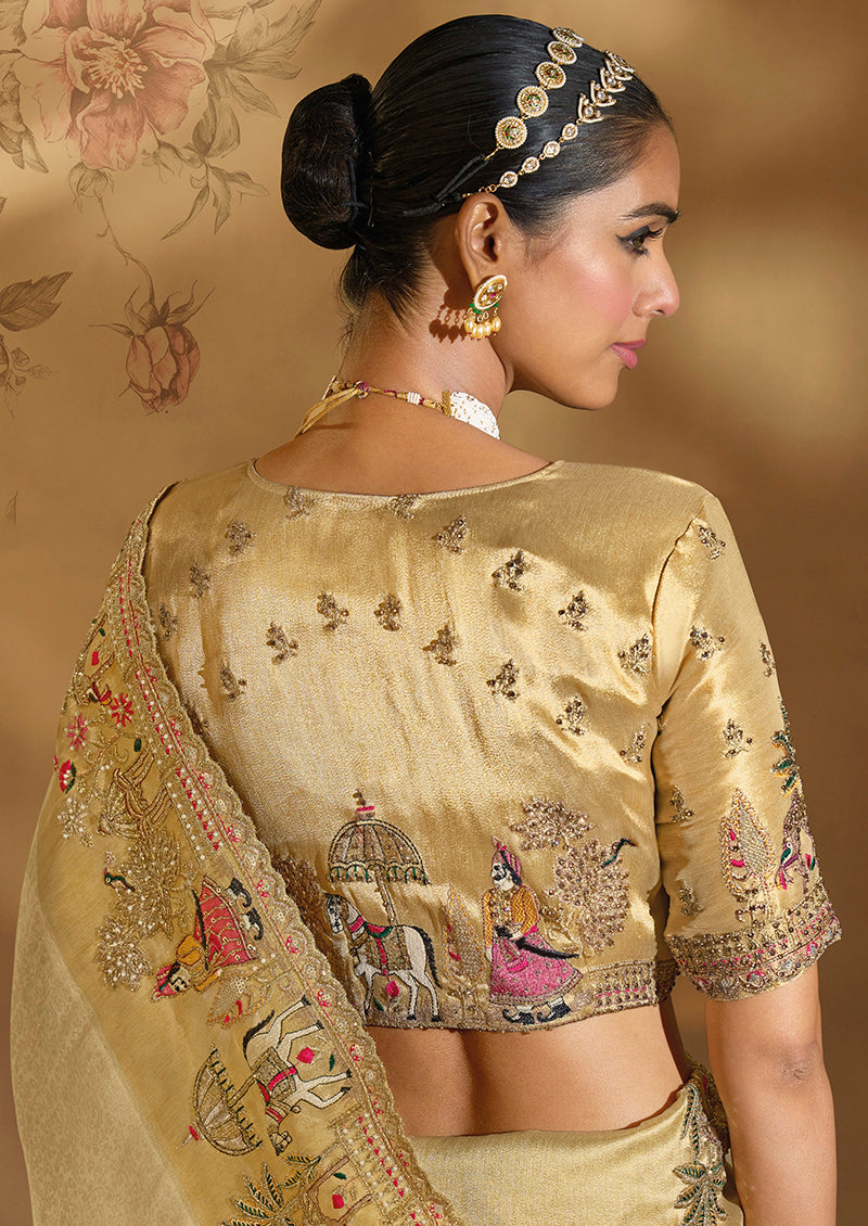 Monjolika Fashion Surpassing Cream Embroidery Cut Dana Moti Work Ziraf Silk Saree With Heavy Work Blouse Piece