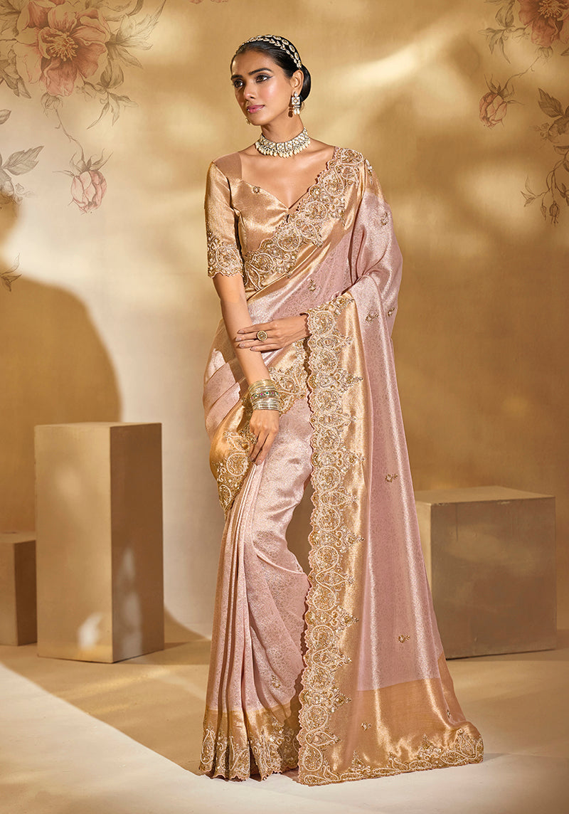 Monjolika Fashion Surpassing Light pink Embroidery Cut Dana Moti Work Ziraf Silk Saree With Heavy Work Blouse Piece