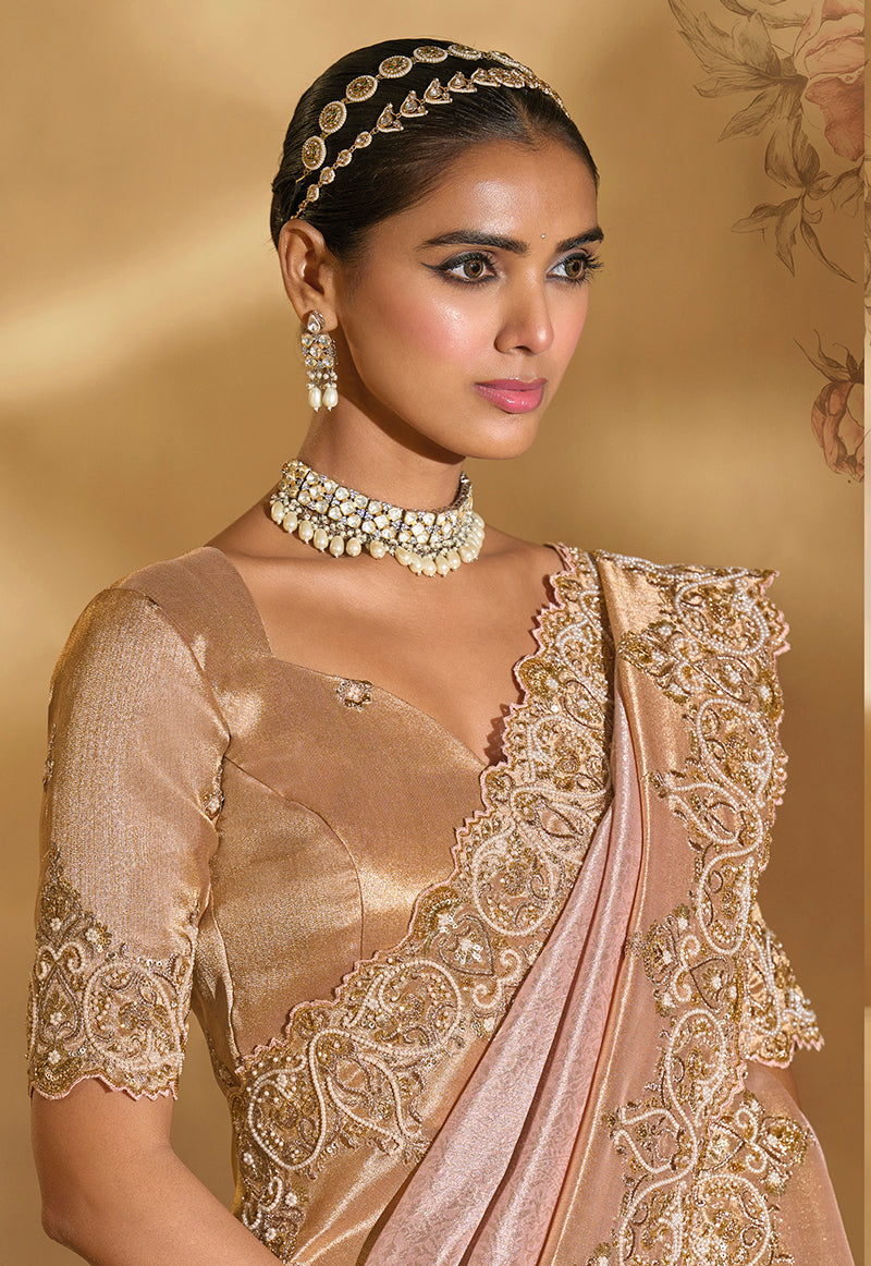 Monjolika Fashion Surpassing Light pink Embroidery Cut Dana Moti Work Ziraf Silk Saree With Heavy Work Blouse Piece