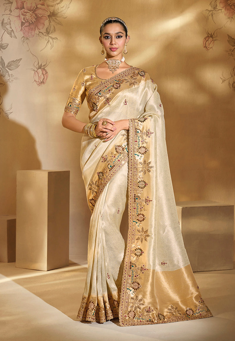 Monjolika Fashion Surpassing Cream Embroidery Cut Dana Moti Work Ziraf Silk Saree With Heavy Work Blouse Piece
