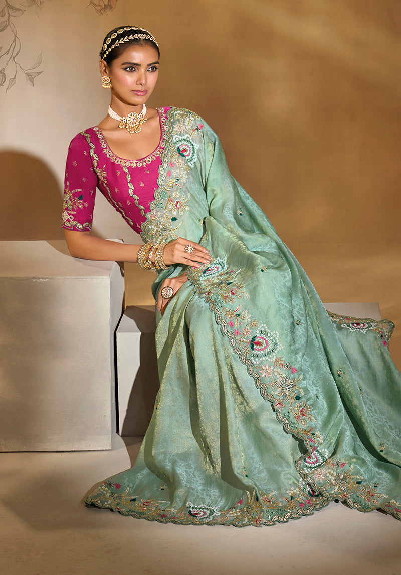Monjolika Fashion Surpassing Sea green Embroidery Cut Dana Moti Work Kanchipuram Silk Saree