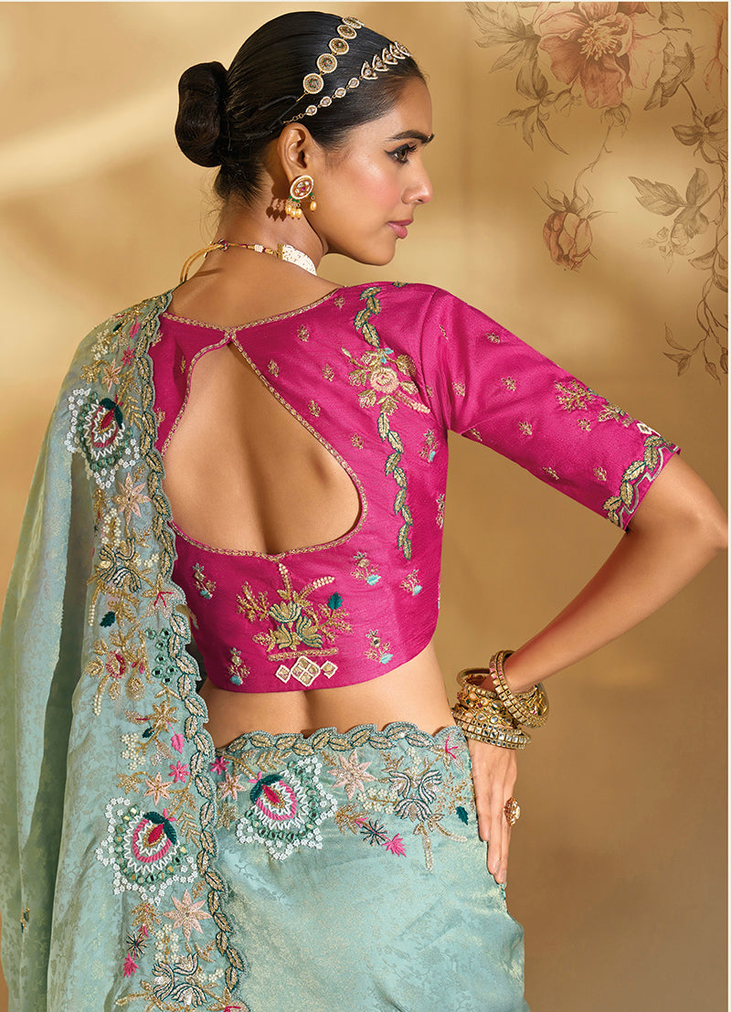 Monjolika Fashion Surpassing Sea green Embroidery Cut Dana Moti Work Kanchipuram Silk Saree