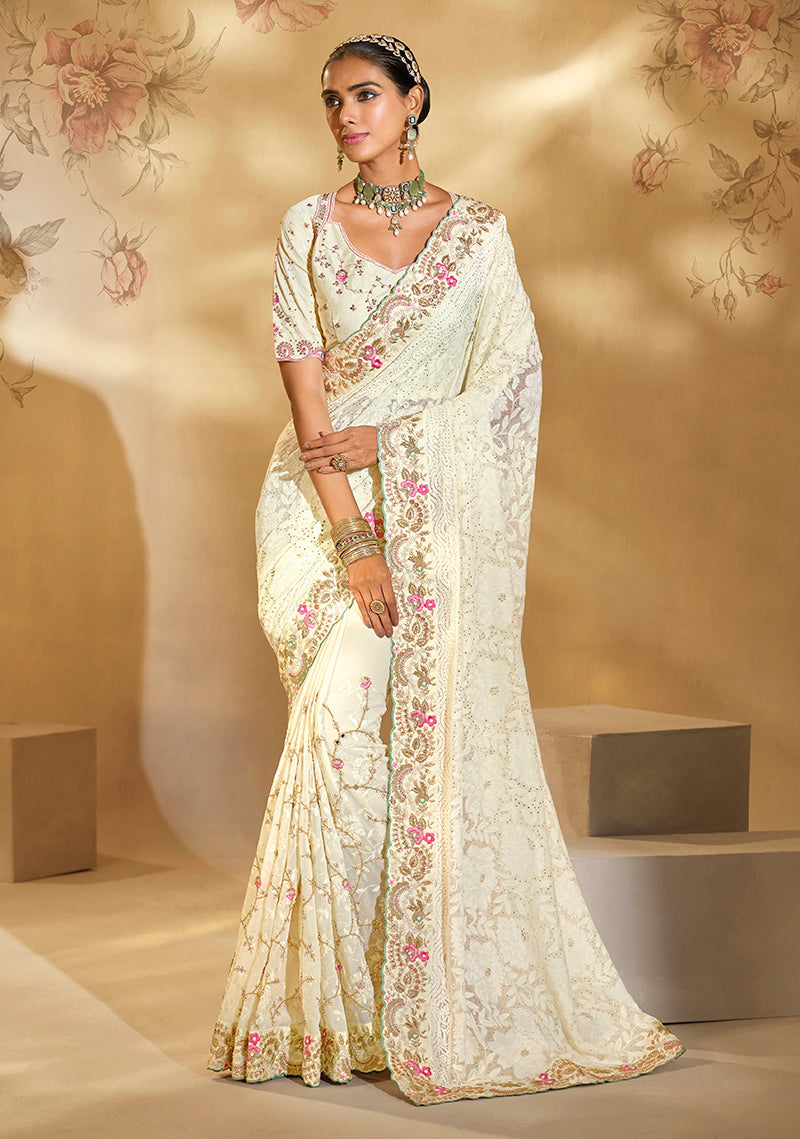 Monjolika Fashion Surpassing Off white Embroidery Cut Dana Moti Work Georgette Saree