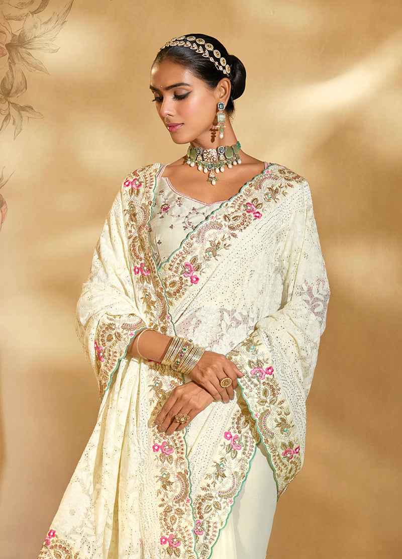Monjolika Fashion Surpassing Off white Embroidery Cut Dana Moti Work Georgette Saree