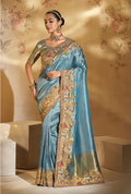 Monjolika Fashion Surpassing Sky blue Embroidery Cut Dana Moti Work Ziraf Silk Saree With Heavy Work Blouse Piece