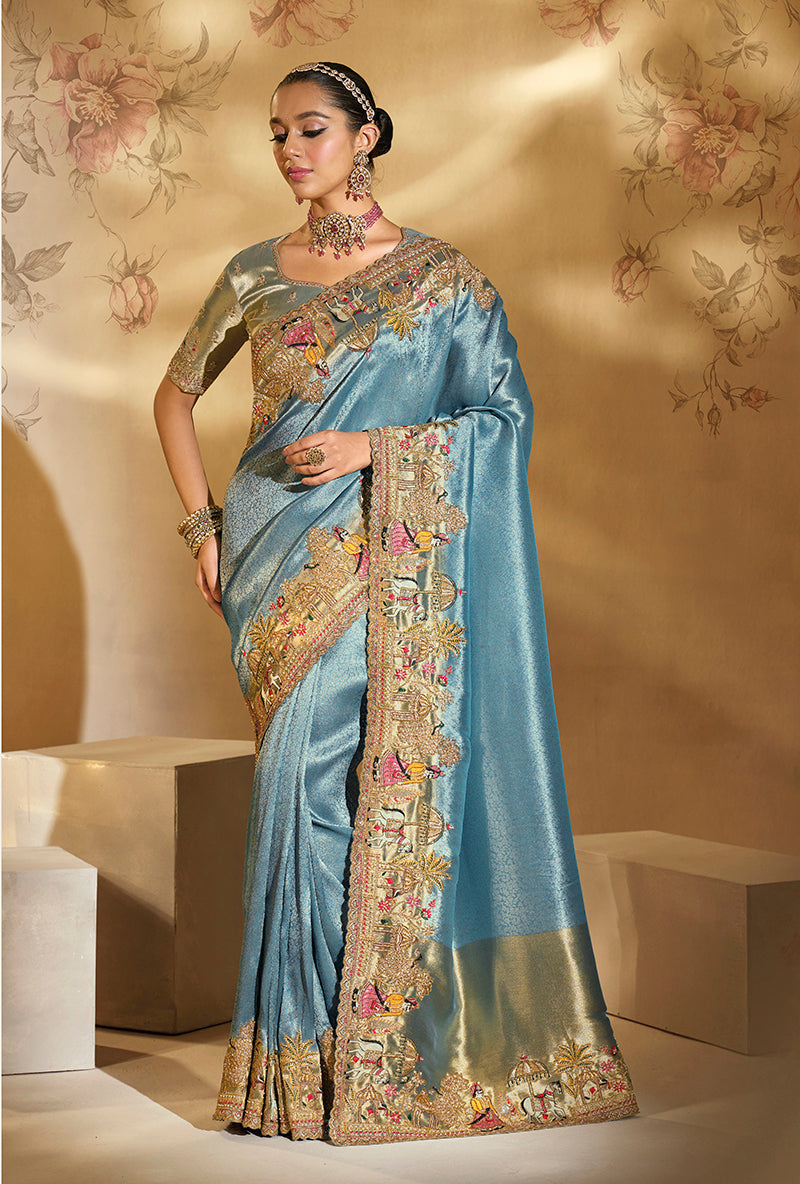 Monjolika Fashion Surpassing Sky blue Embroidery Cut Dana Moti Work Ziraf Silk Saree With Heavy Work Blouse Piece