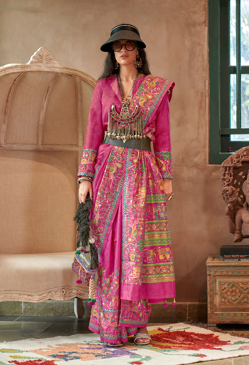 Monjolika Fashion Rani Pink Silk Blend Printed Ceremonial Saree