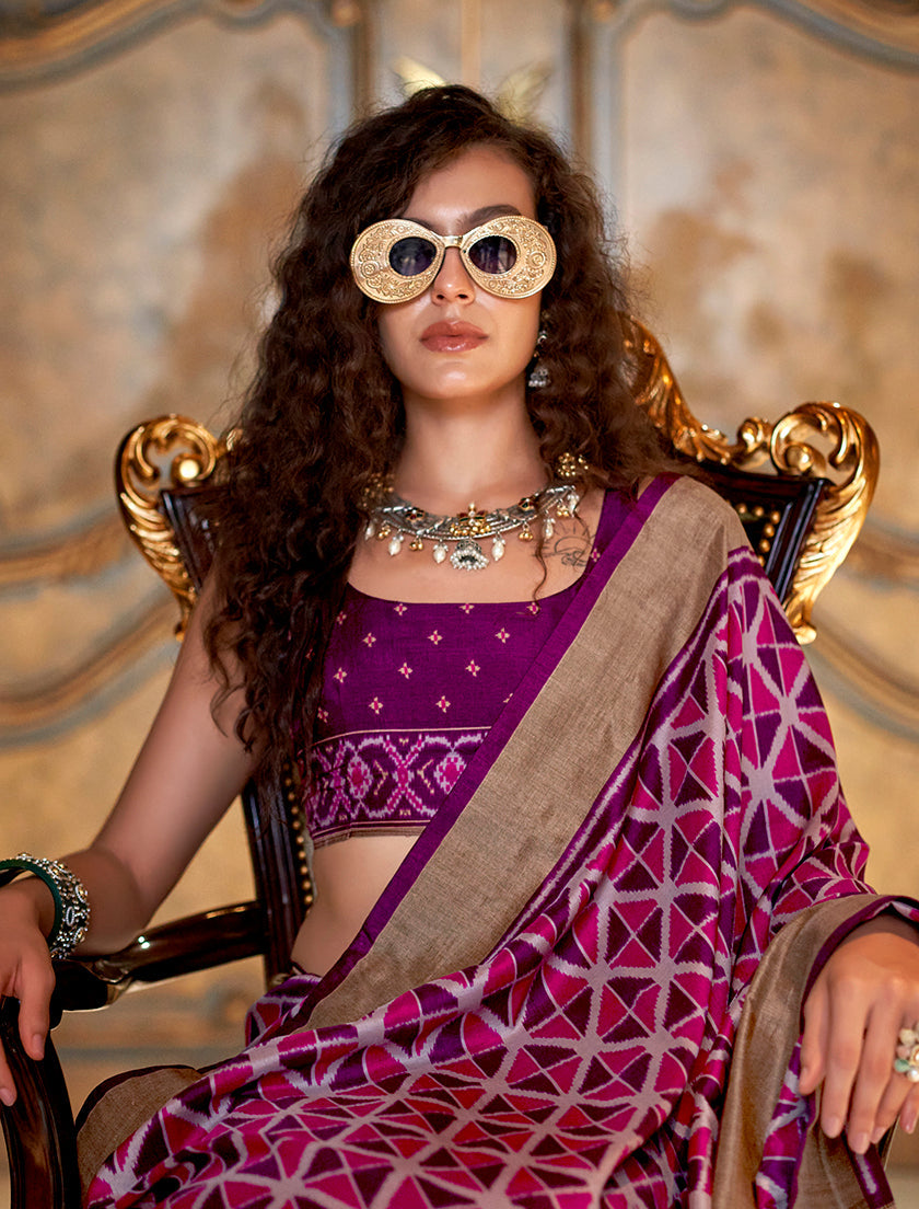 Monjolika Fashion Magenta Double Ikkat Silk Blend Foil Printed Saree