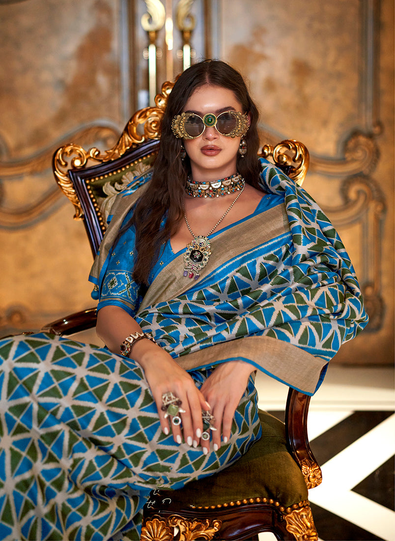 Monjolika Fashion Aqua Blue Double Ikkat Silk Blend Foil Printed Saree