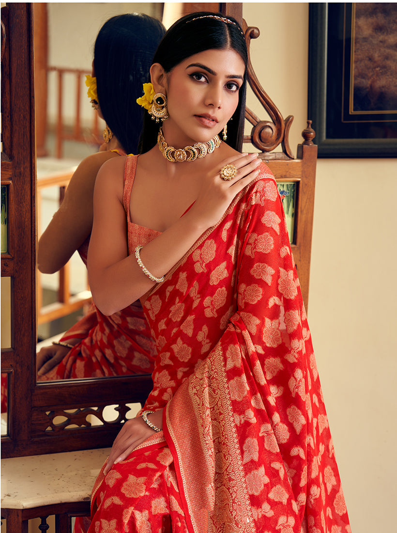 Monjolika Fashion Red Georgette With Weaving Buta Border Pallu Classic Saree
