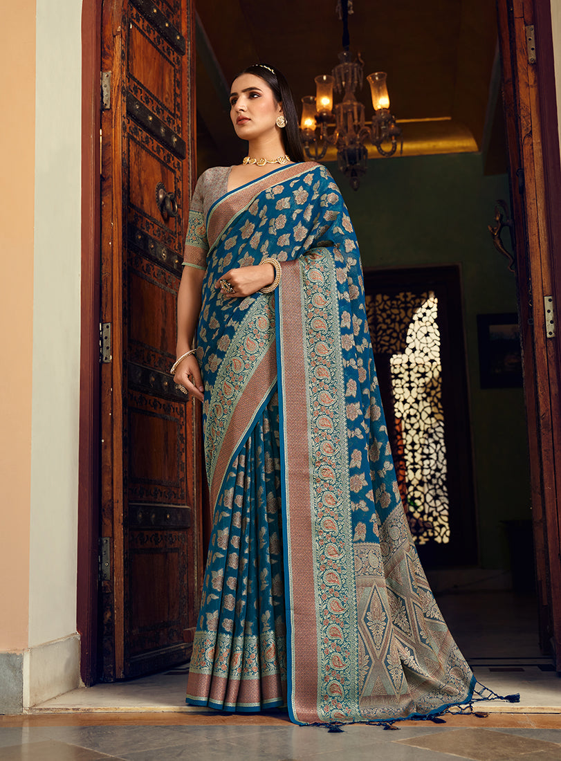 Monjolika Fashion Blue Georgette With Weaving Buta Border Pallu Classic Saree