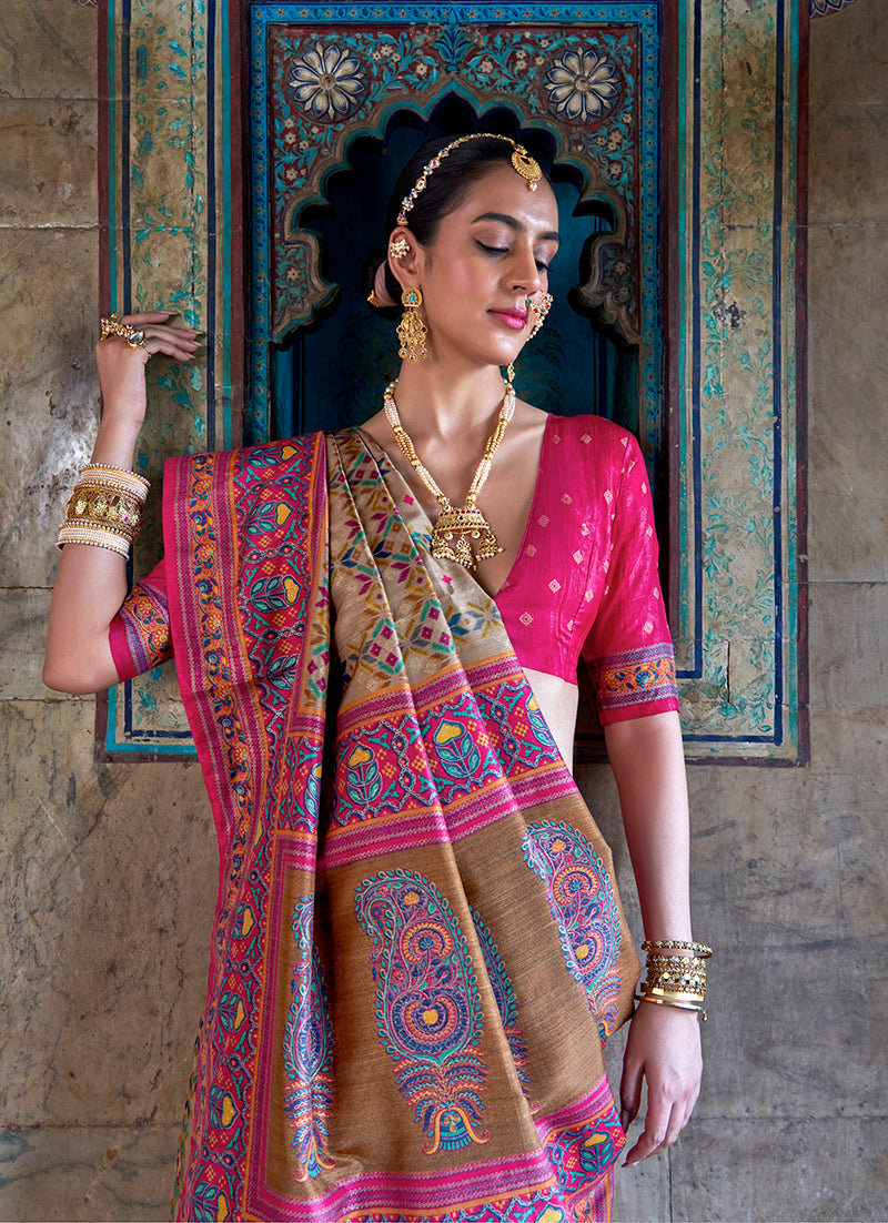 Monjolika Fashion Silk Blend Beige and Pink Patola Print Classic Festival Wear Saree