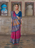 Monjolika Fashion Silk Blend Rani Pink and Blue Patola Print Classic Festival Wear Saree