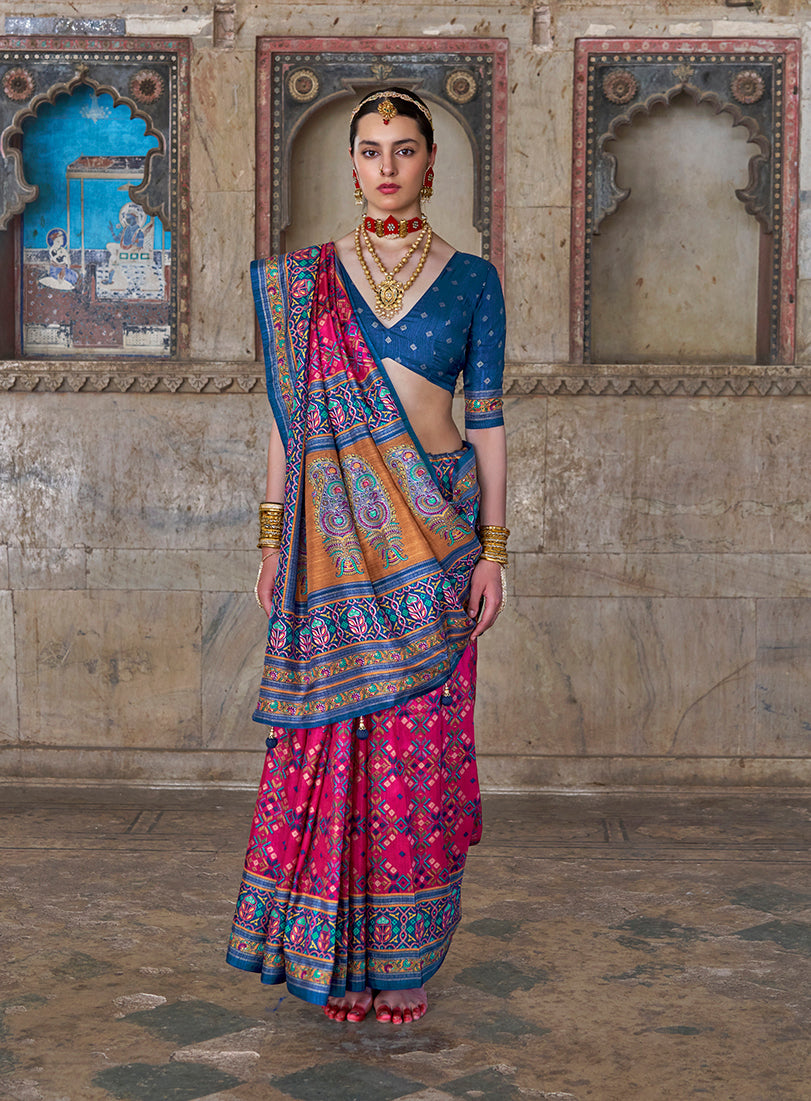 Monjolika Fashion Silk Blend Rani Pink and Blue Patola Print Classic Festival Wear Saree