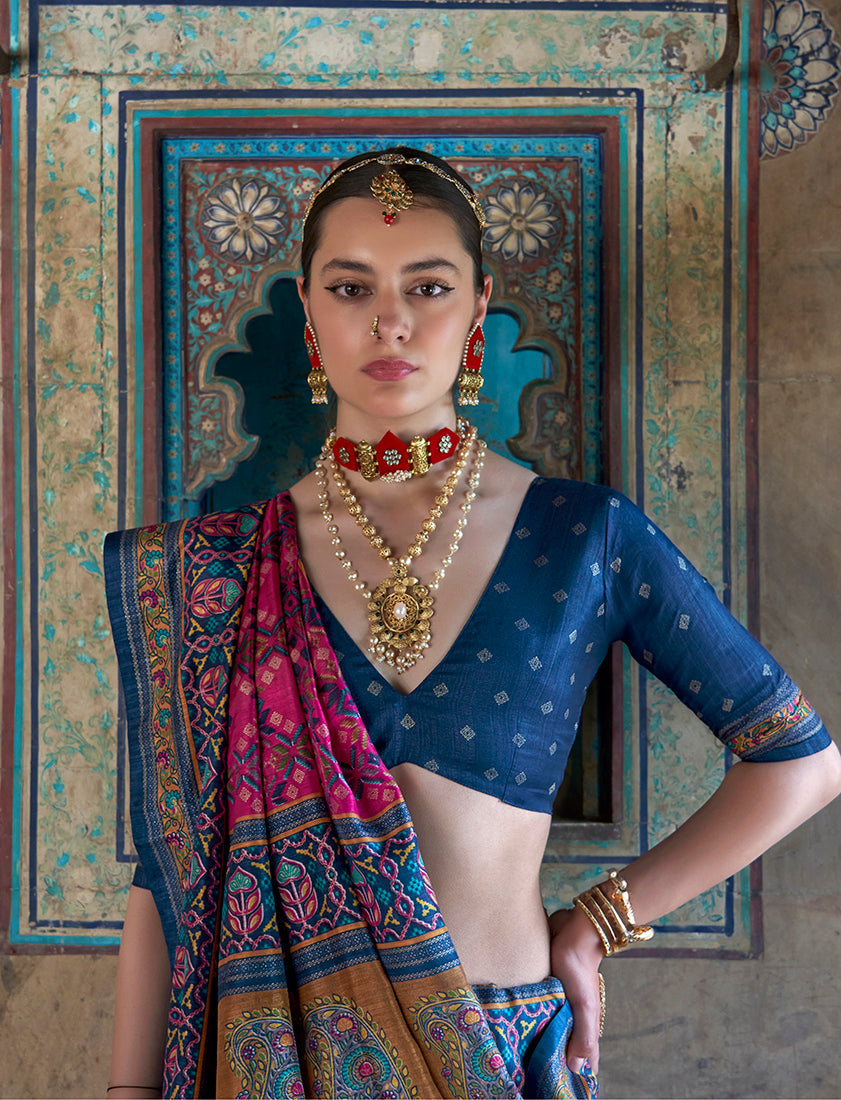 Monjolika Fashion Silk Blend Rani Pink and Blue Patola Print Classic Festival Wear Saree
