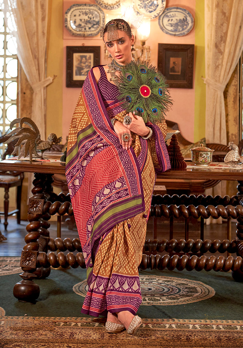 Monjolika Fashion Mustard Patola Design Zari Work Traditional Silk Blend Saree